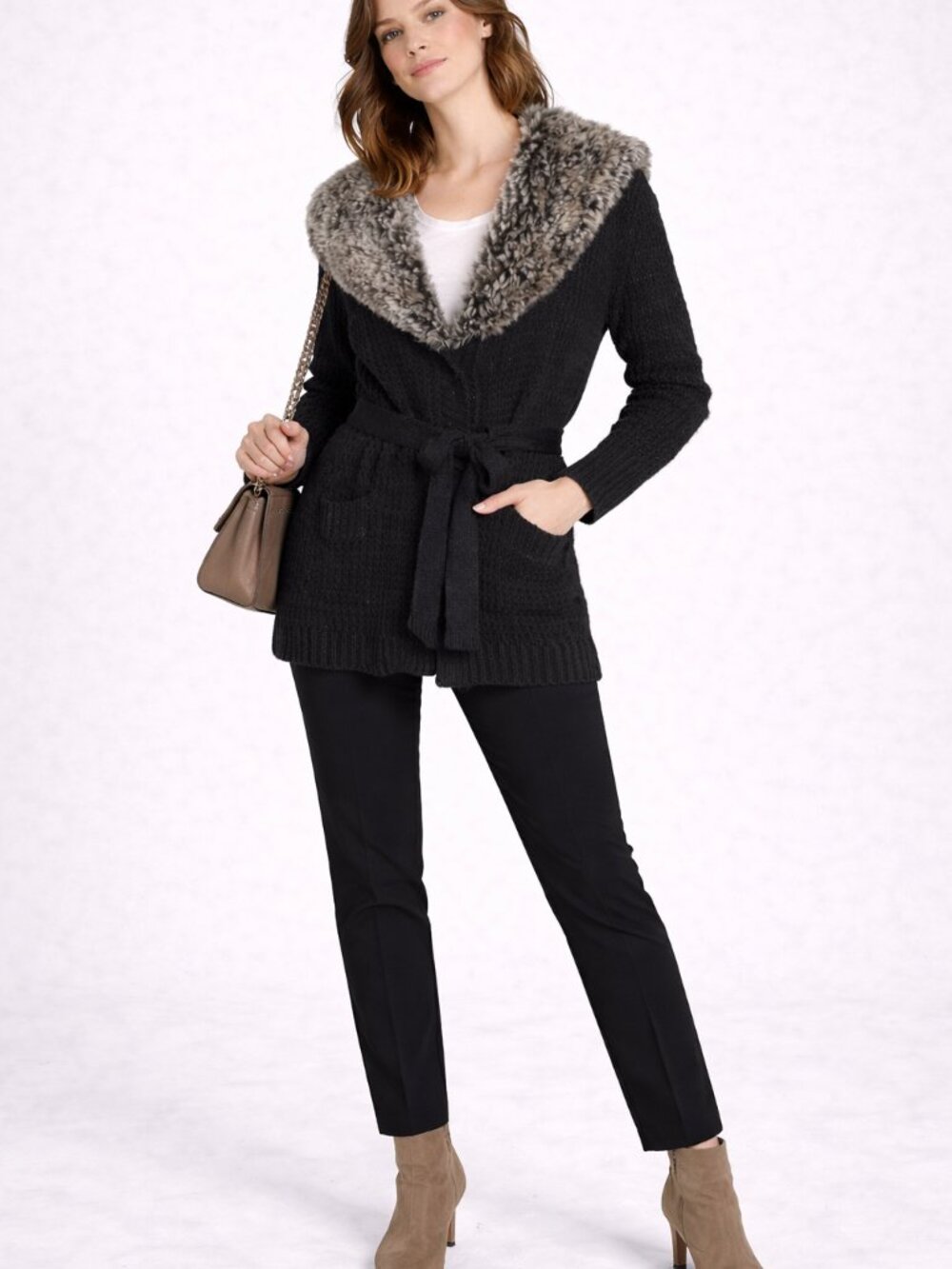 Say What Y2K Sweater Women's L Black Wool Blend Faux Fur Chunky Cozy Chic